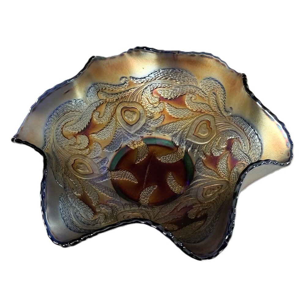 RARE Antique FENTON Carnival Glass Heart & Vine Cobalt Ruffled Bowl 1910